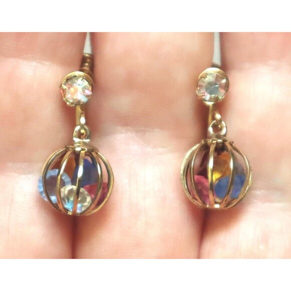 Vintage Caged Rhinestone Ball Earrings - Picture 1 of 6
